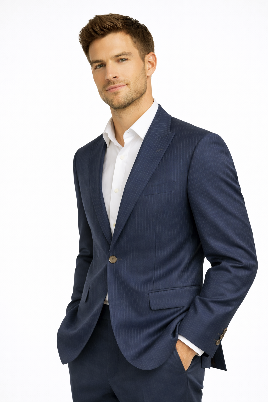 Navy Blue Pinstripe Suit Jacket | Wool Blend Peak Lapel Blazer