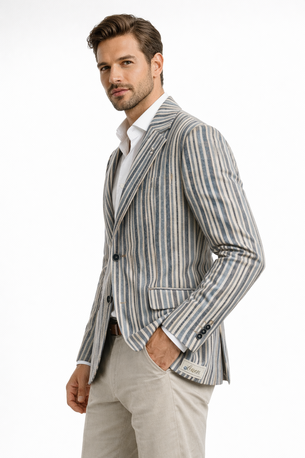 Light Blue 2 Button Striped Boating Jacket | Linen & Wool Blazer