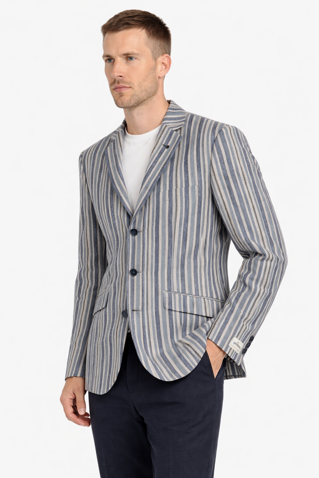 Light Blue 3 Button Striped Boating Jacket | Linen & Wool Blazer