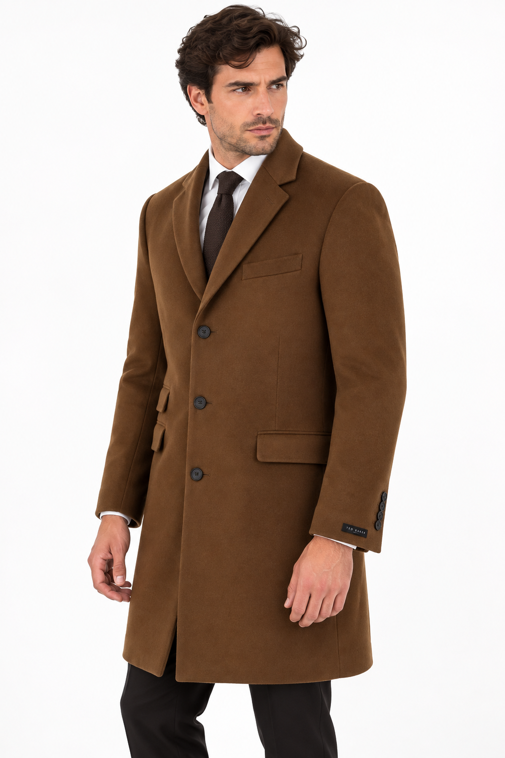 Ted Baker Camel Tan Wool Overcoat | Knee Length Long Winter Coat