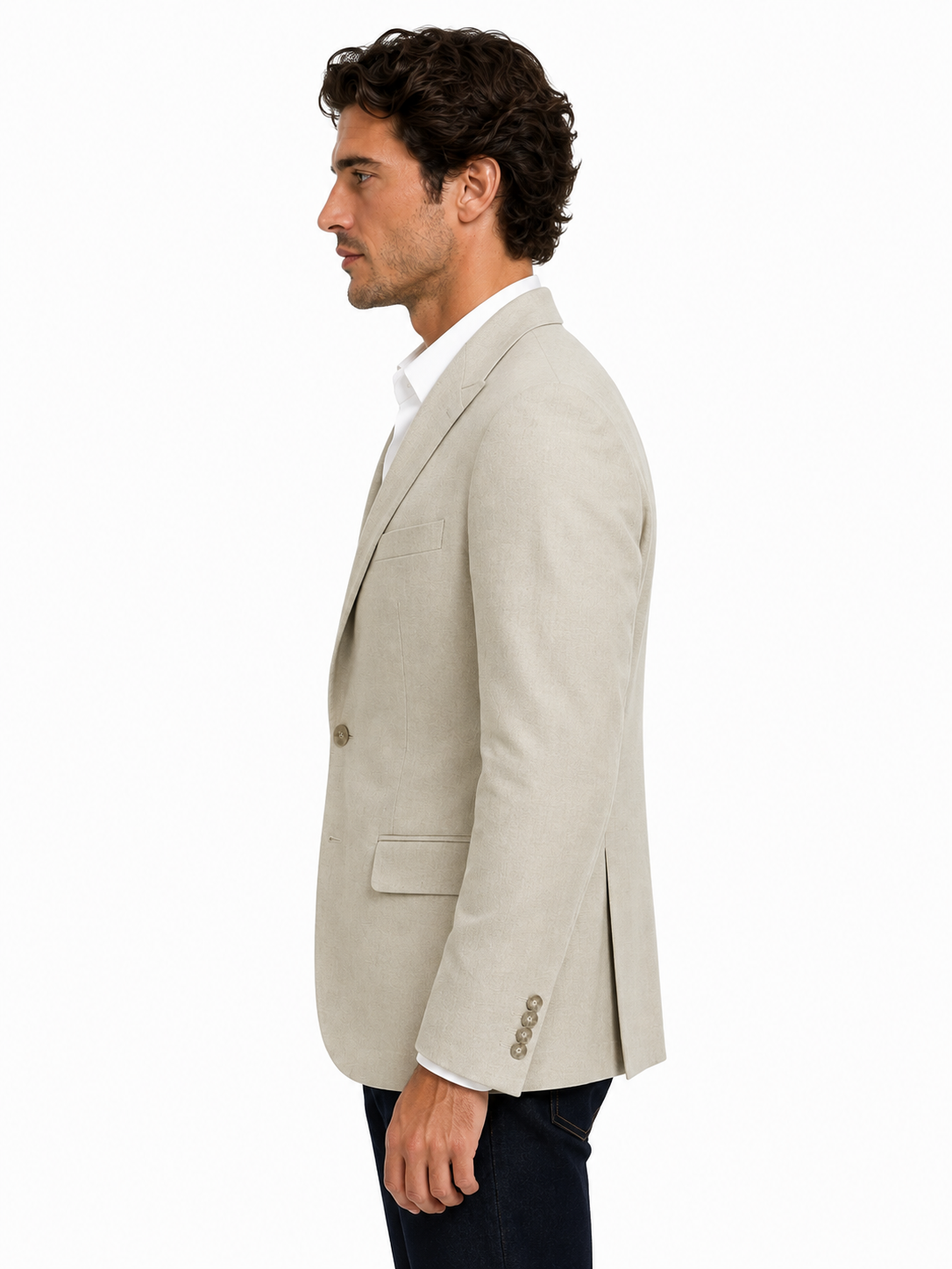 Alexandre Tailored Fit Stone Linen Jacket | Peak Lapel, Half Lined