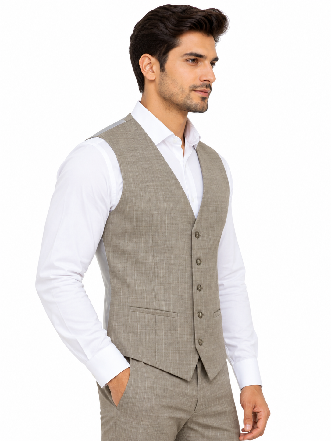 Alexandre London Men's Tailored Fit Beige Check Wool Blend Waistcoat