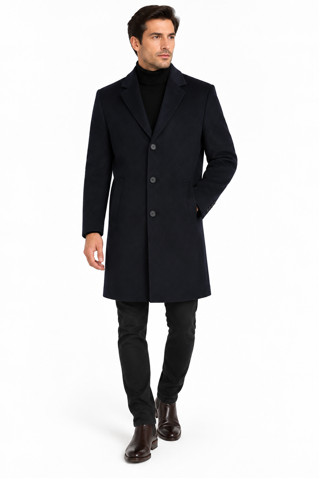 Men’s Navy Blue Wool Blend Overcoat | Knee Length Tailored Coat