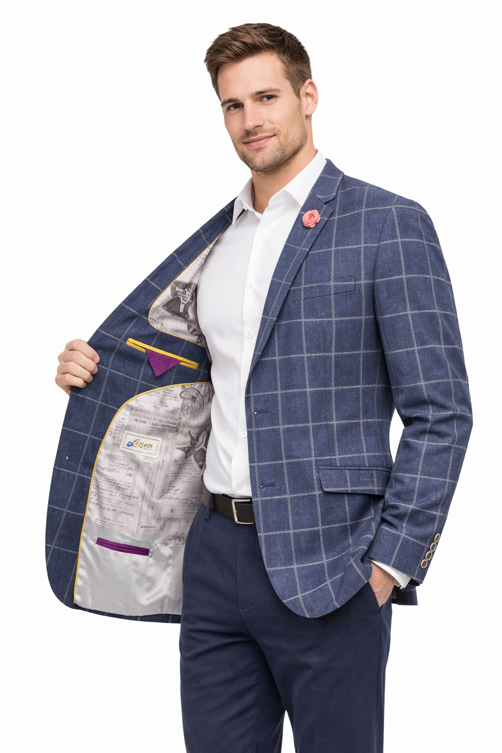 Denim Blue Cotton & Linen Check Jacket | Casual Blazer