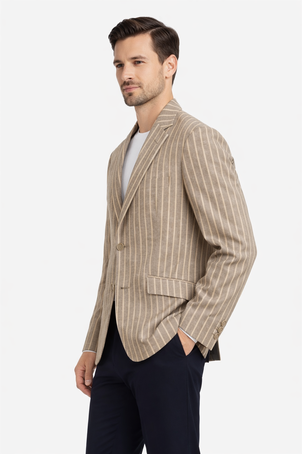 Taupe & Beige Linen Boating Jacket with subtle Blue Stripes | Wool Blend Blazer
