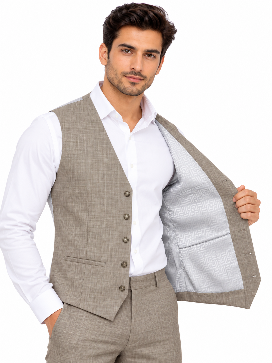 Alexandre London Men's Tailored Fit Beige Check Wool Blend Waistcoat