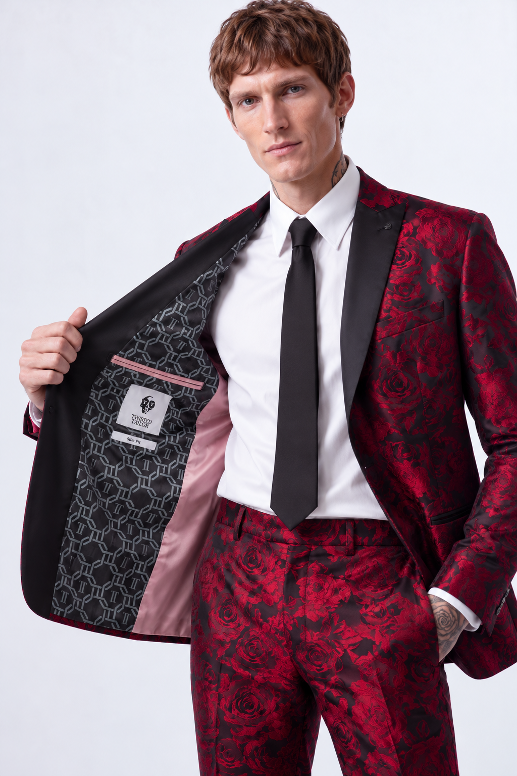 Red & Black Floral Jacquard Slim Fit 2 Piece Suit | Wedding & Prom | Twisted Tailor's "Ersat"