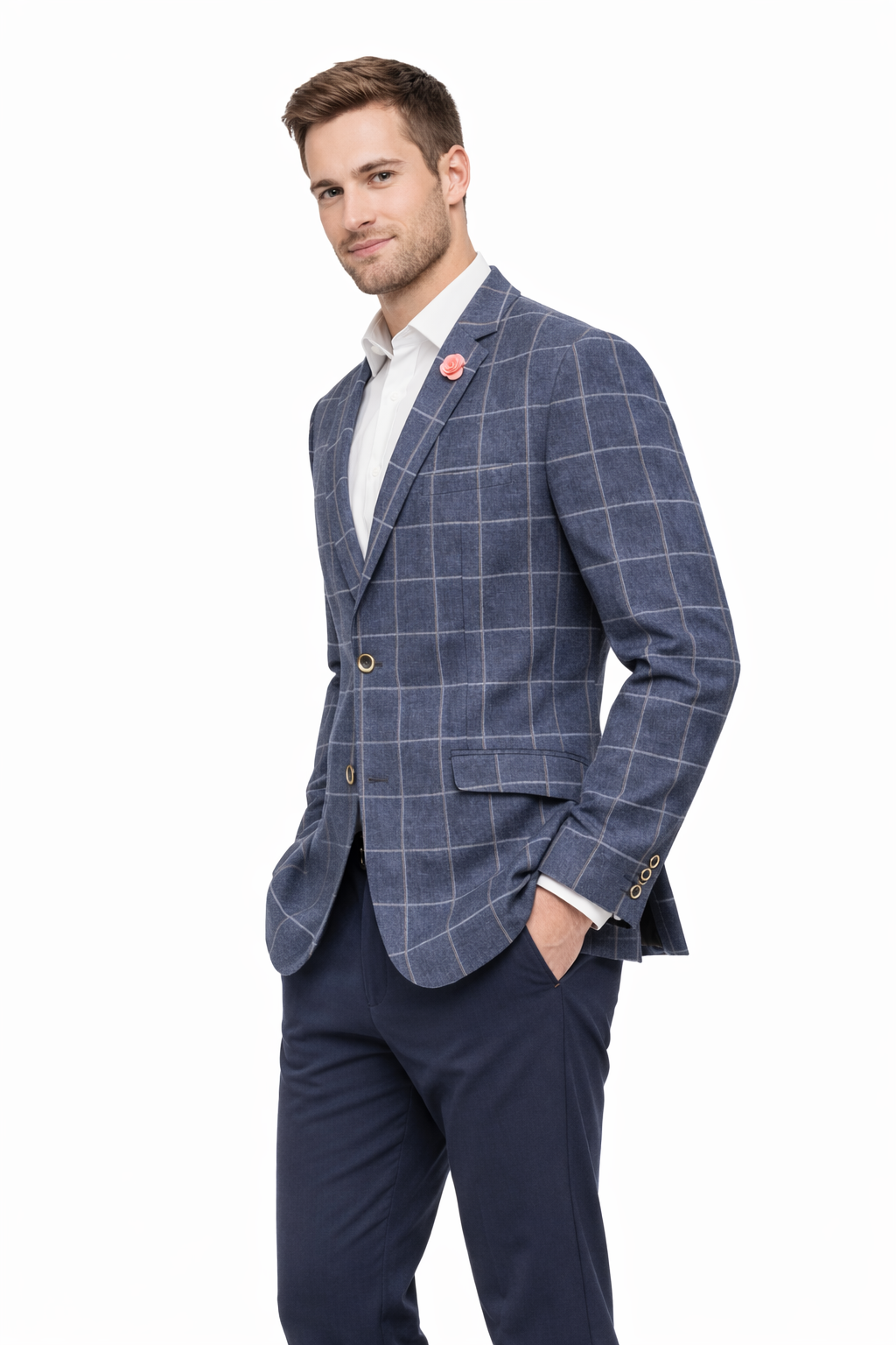 Denim Blue Cotton & Linen Check Jacket | Casual Blazer