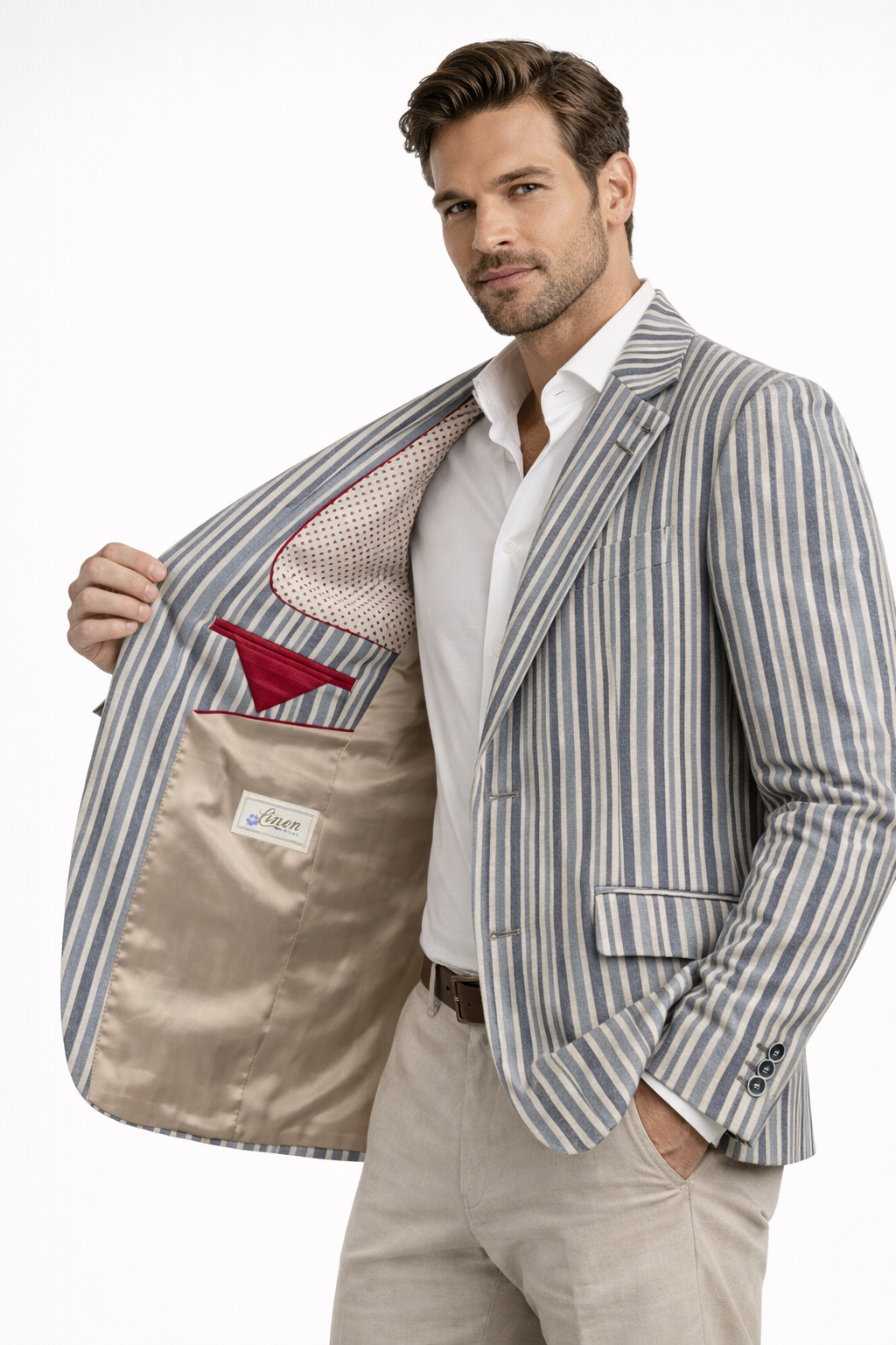 Light Blue 2 Button Striped Boating Jacket | Linen & Wool Blazer