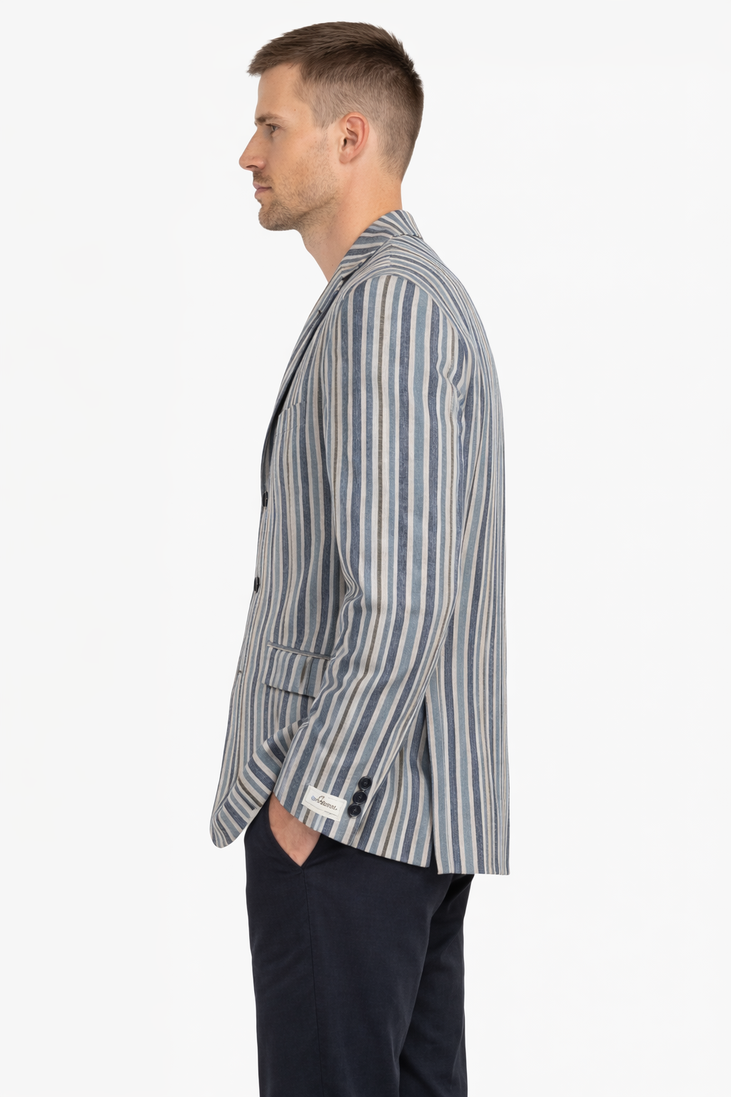 Light Blue 3 Button Striped Boating Jacket | Linen & Wool Blazer