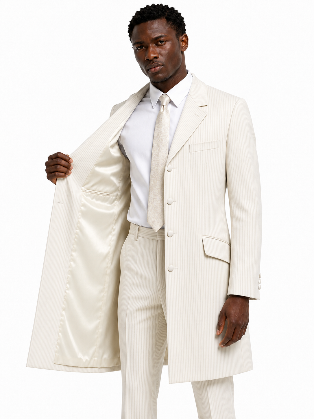 Ivory Cream Striped Prince Edward 3/4 Jacket | Long Wool Formal Blazer