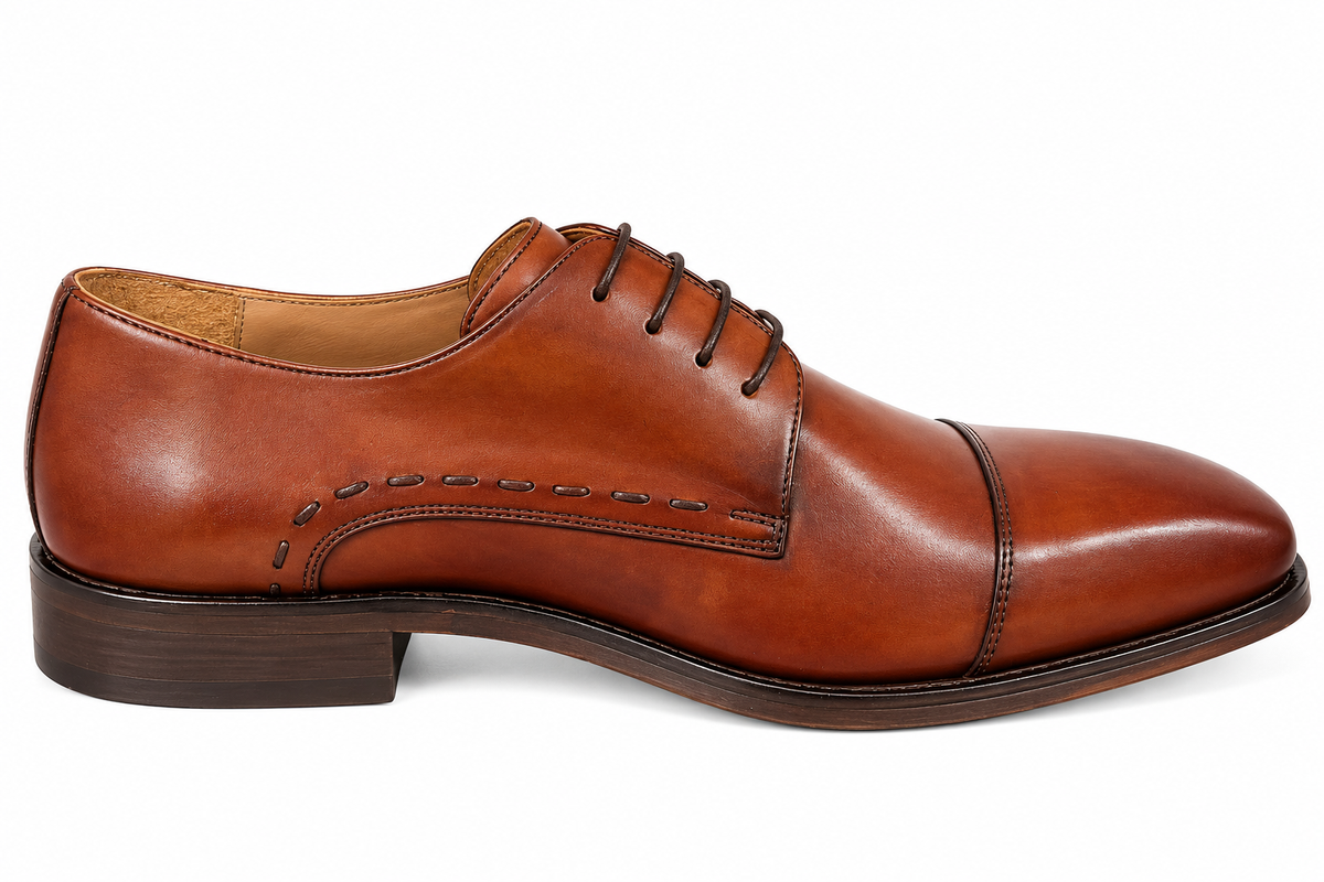 Men's Brown Leather Cap Toe Derby Shoes | Handcrafted Formal Dress Shoes | With Shoe Box