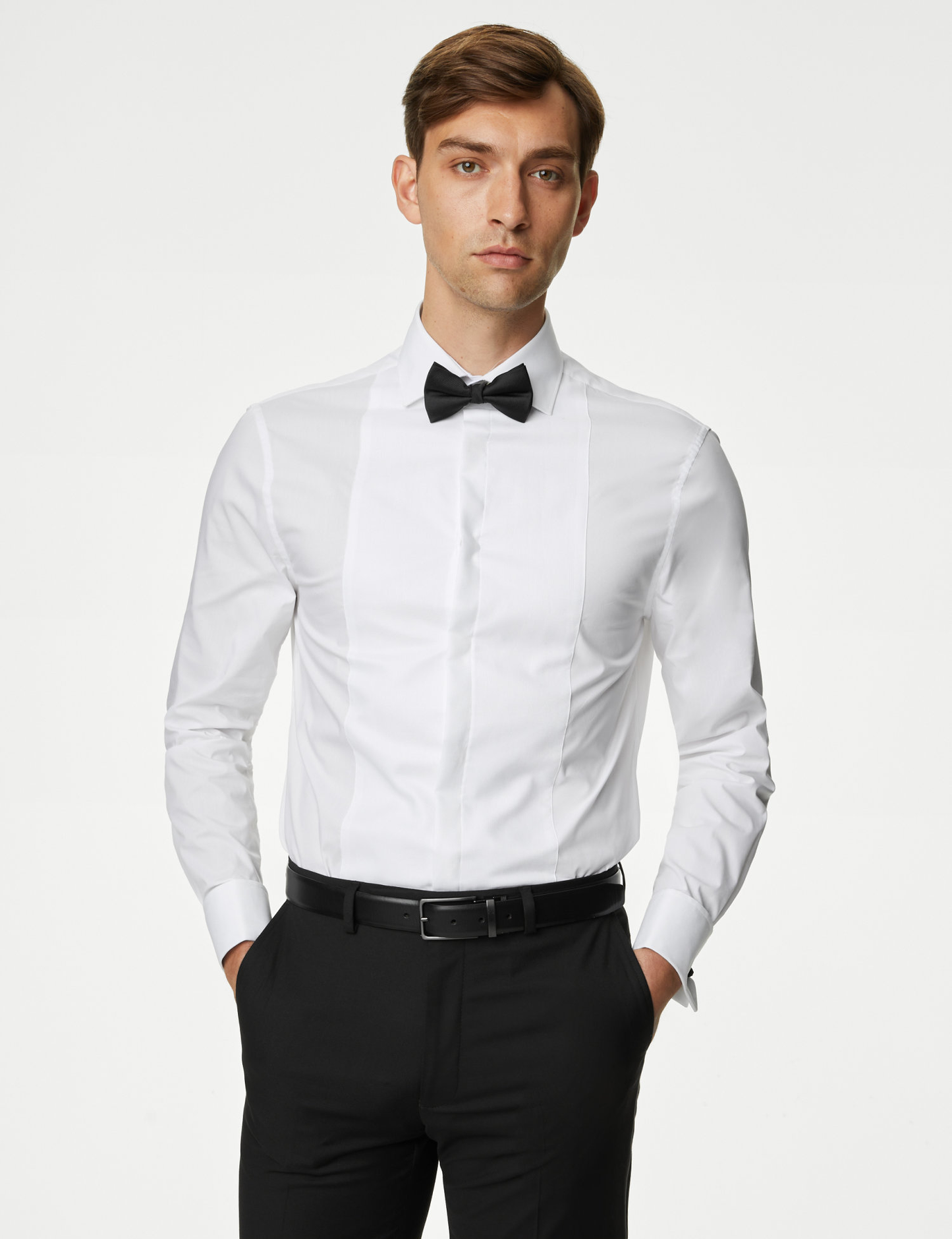 White Pleated Dress Shirt with Bow Tie