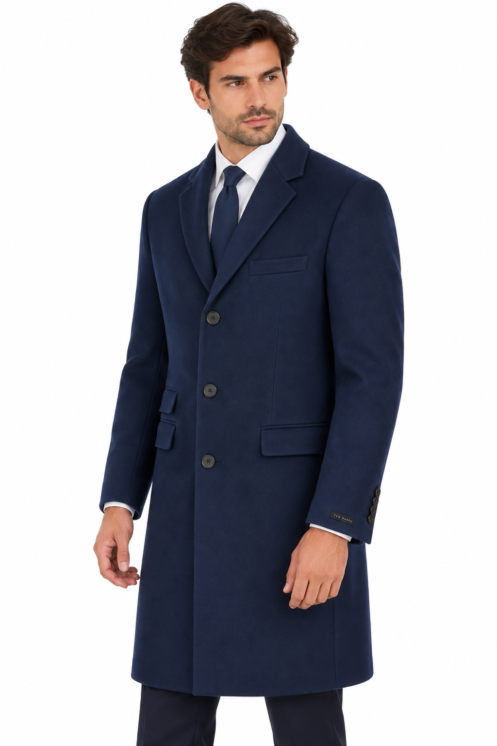 Ted Baker Navy Blue Wool Overcoat | Knee Length Long Winter Coat