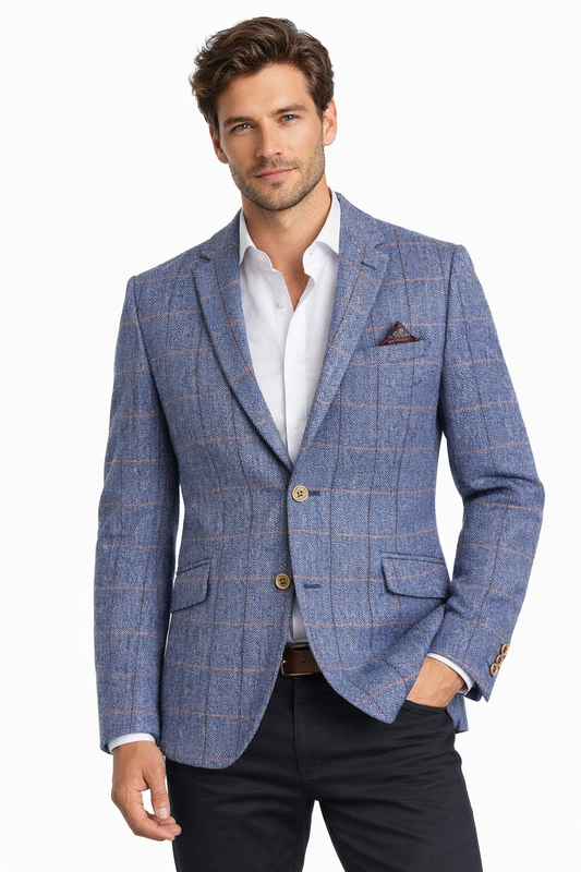 Light Blue Herringbone Check Jacket | Wool Blend Blazer