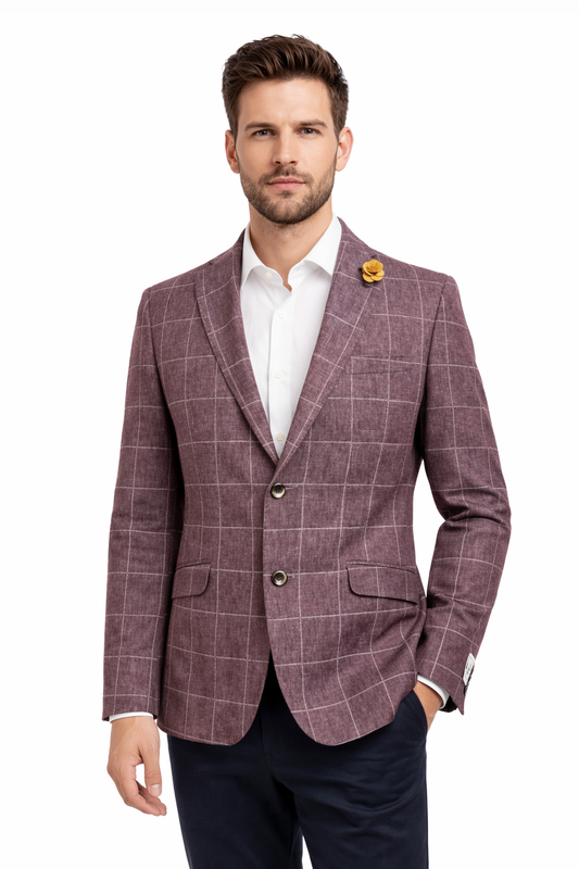 Dusty Plum Muted Burgundy Check Jacket | Linen Blend Blazer