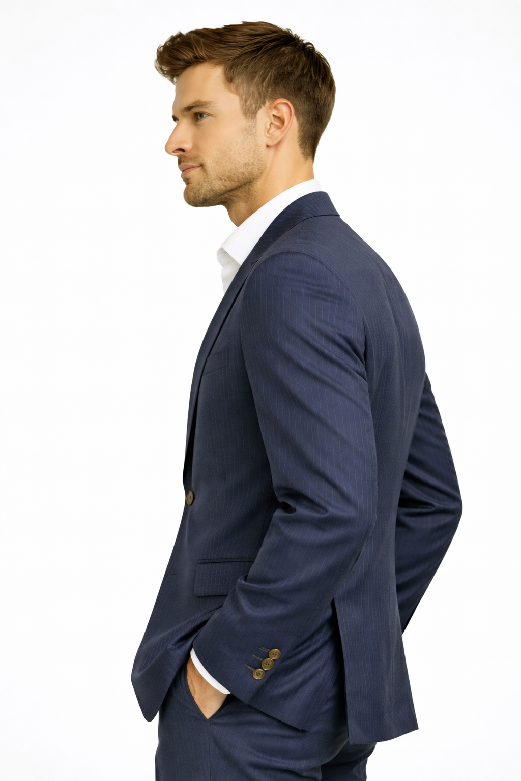 Navy Blue Pinstripe Suit Jacket | Wool Blend Peak Lapel Blazer