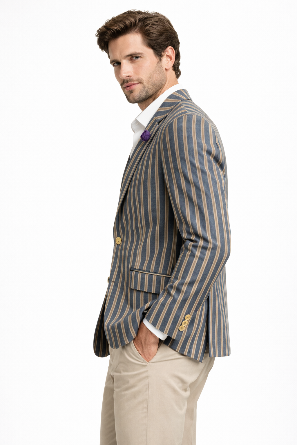 Blue & Beige Striped Boating Jacket | Wool Blend Blazer