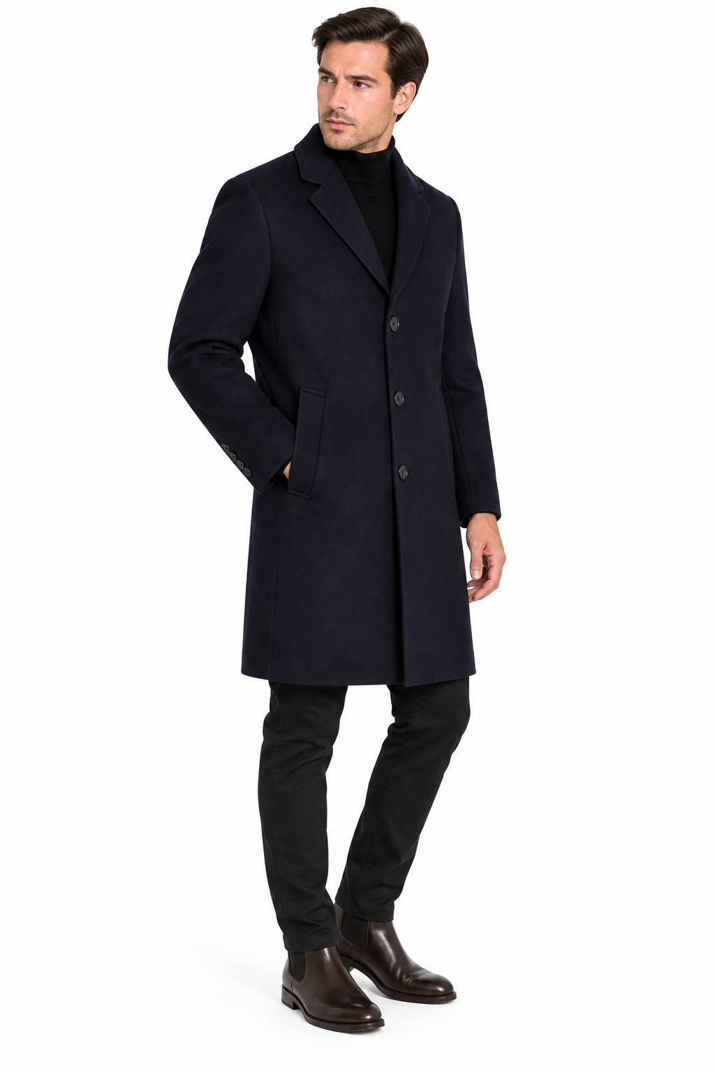 Men’s Navy Blue Wool Blend Overcoat | Knee Length Tailored Coat