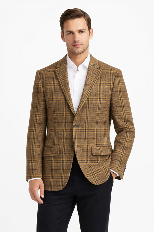 Camel Brown Tweed Check Jacket | Wool Blend Blazer
