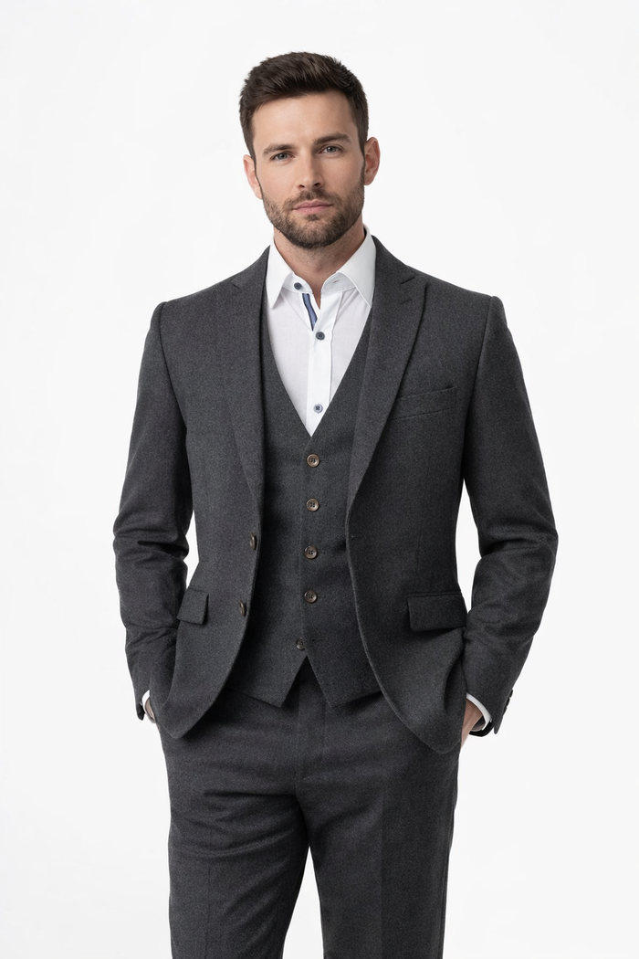Grey Flannel 3 Piece Suit | Slim Fit, 100% Wool | Jacket, Trouser & Waistcoat
