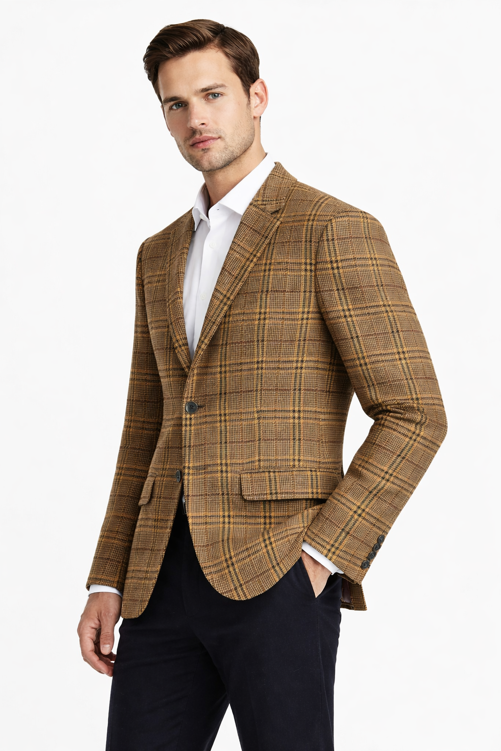 Camel Brown Tweed Check Jacket | Wool Blend Blazer