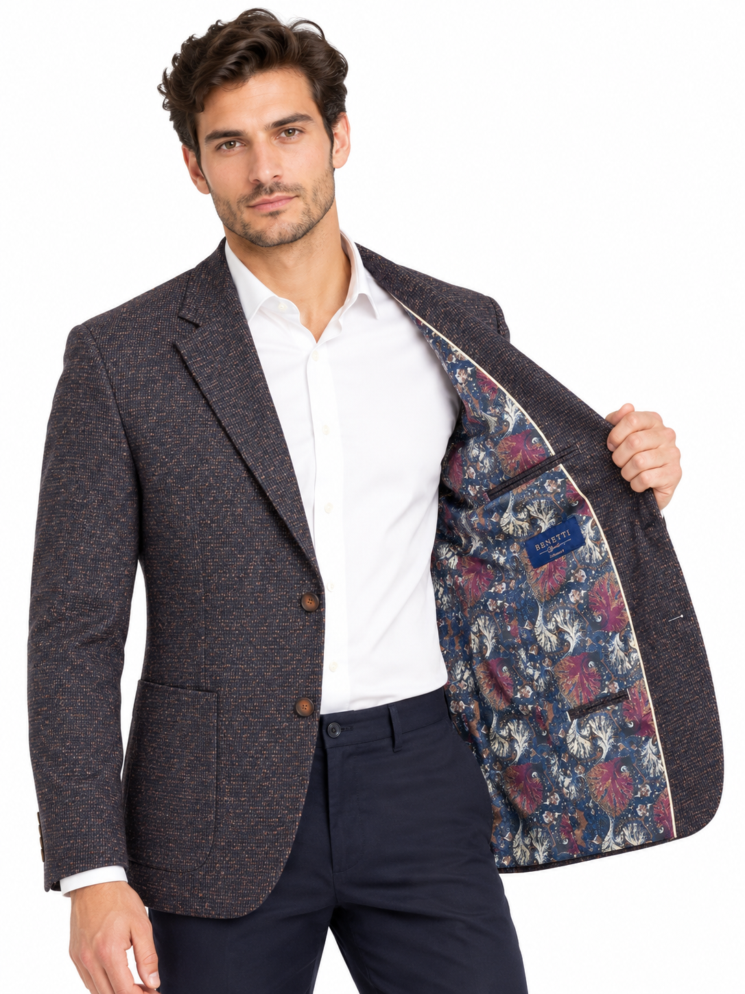 Navy Rust Textured Wool & Cotton Jacket | Tailored Fit Smart Blazer | Haley Tobacco