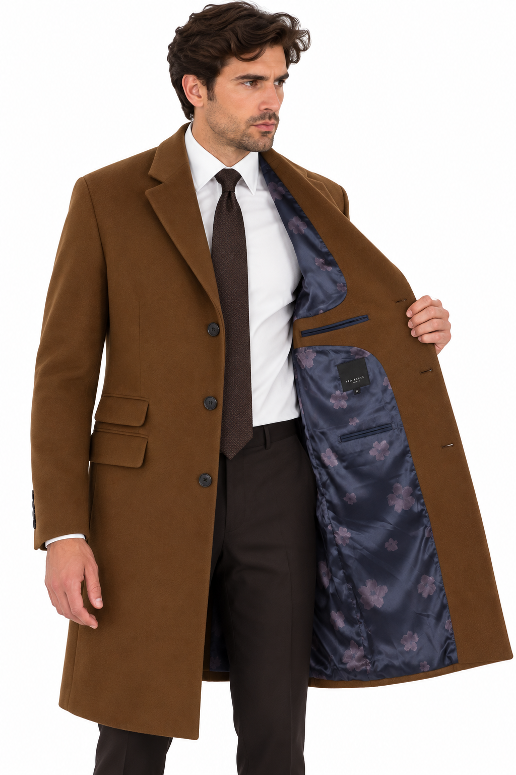 Ted Baker Camel Tan Wool Overcoat | Knee Length Long Winter Coat