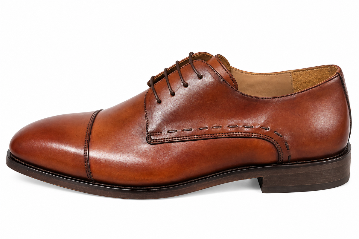 Men's Brown Leather Cap Toe Derby Shoes | Handcrafted Formal Dress Shoes | With Shoe Box
