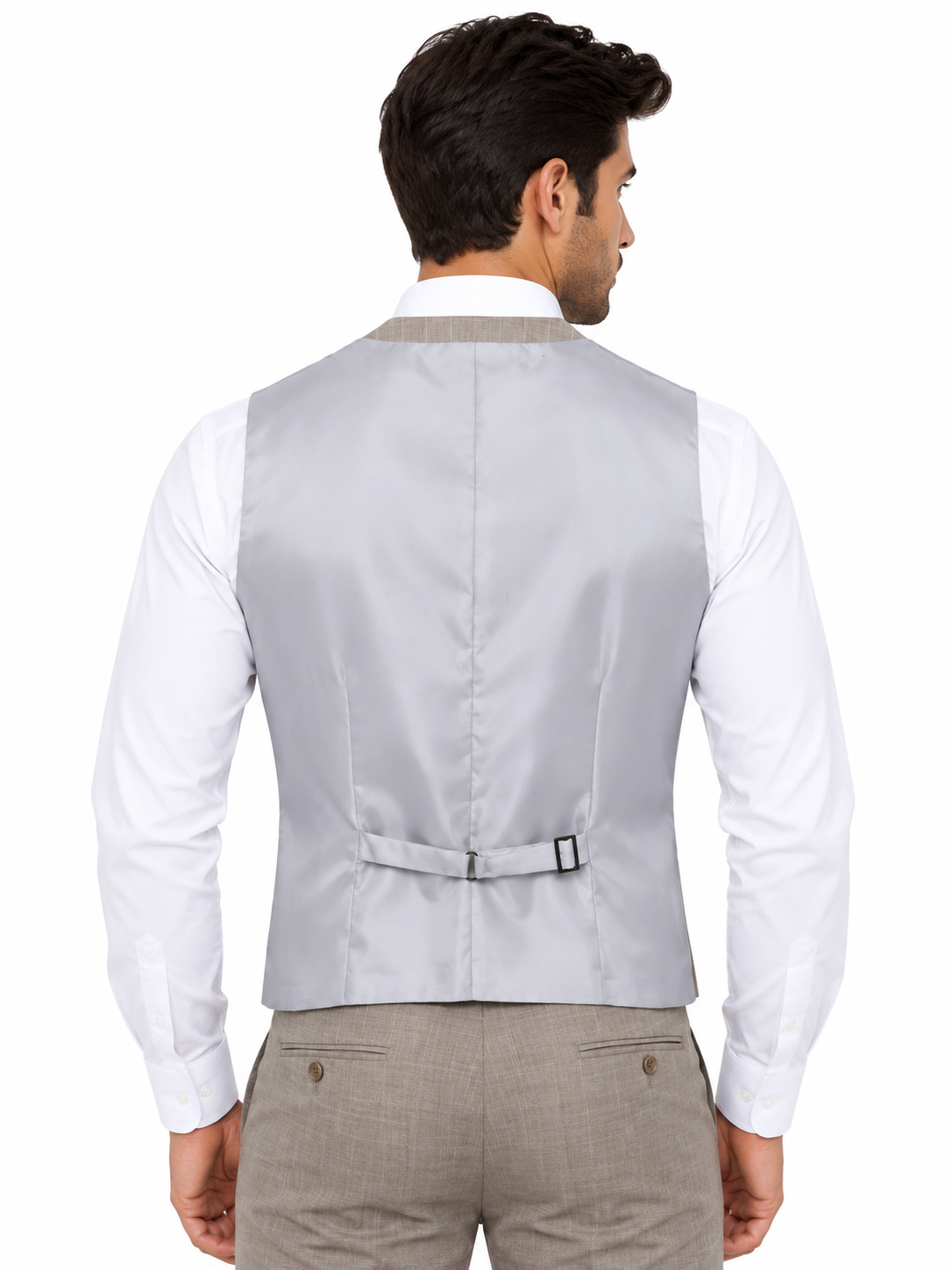 Alexandre London Men's Tailored Fit Beige Check Wool Blend Waistcoat
