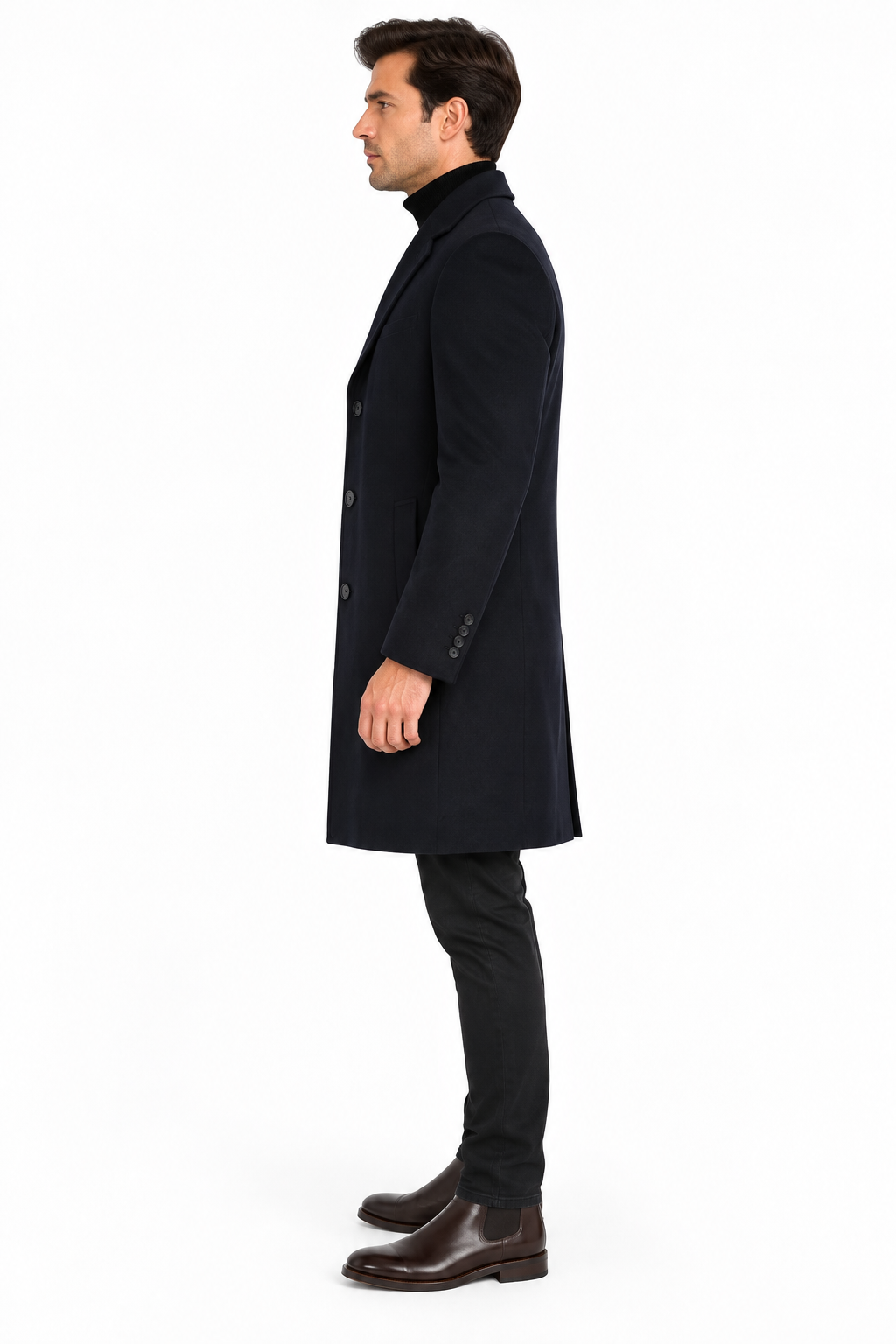 Men’s Navy Blue Wool Blend Overcoat | Knee Length Tailored Coat