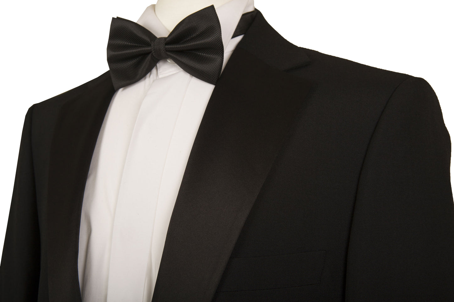 Black Tuxedo Suit Four Piece (Jacket, Trousers, Shirt & Bow Tie) - Ex Hire