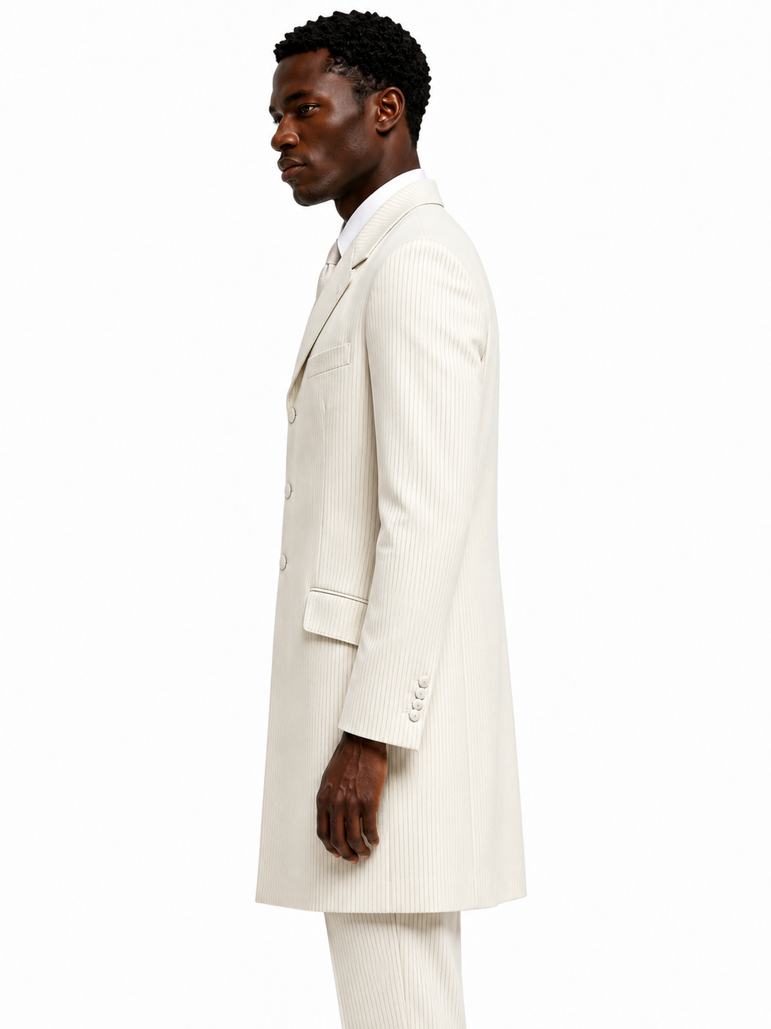 Ivory Cream Striped Prince Edward 3/4 Jacket | Long Wool Formal Blazer
