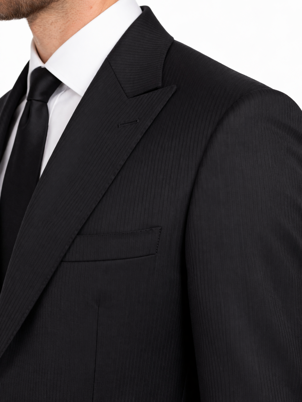 Black Self Stripe Wool Jacket | Longer Line Stripe Blazer