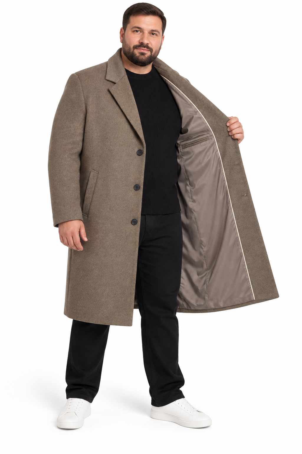 River Island Beige Wool Knee Length Formal Overcoat | Big & Tall | 4XL & 5XL