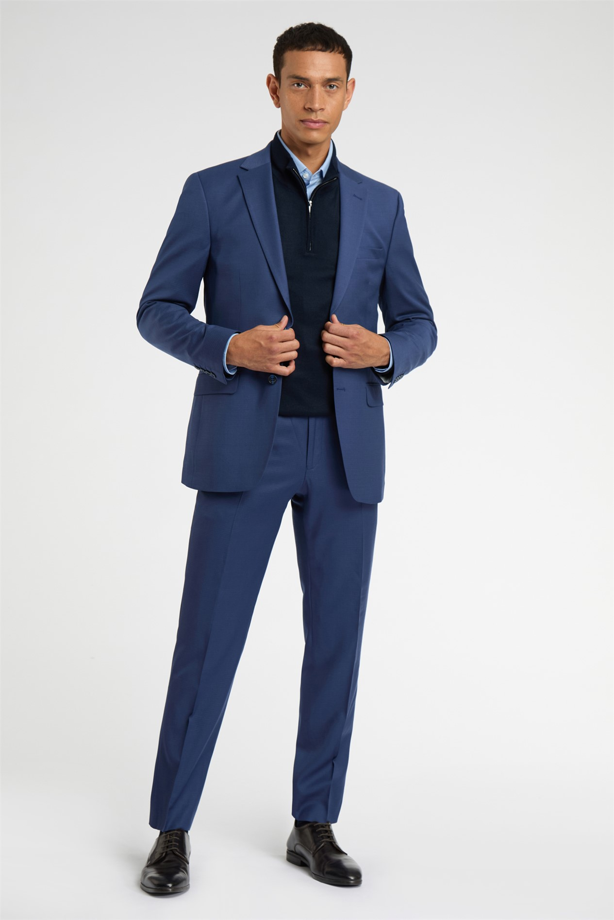 Navy Blue Wool Suit Trousers | Flat Front Formal Dress Pants with Belt Loops