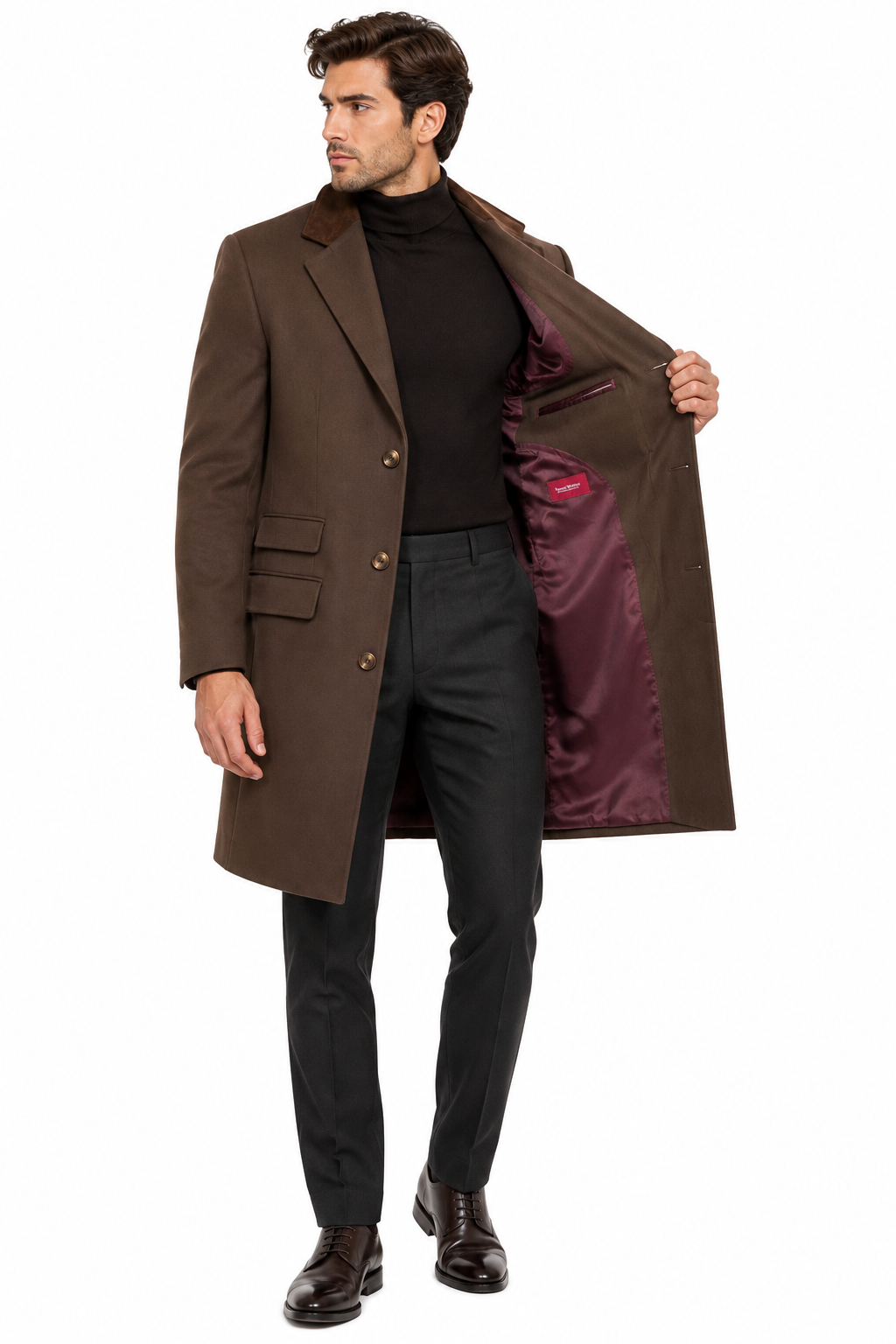 Samuel Windsor Chocolate Brown 100% Wool Formal Overcoat | Velvet Collar