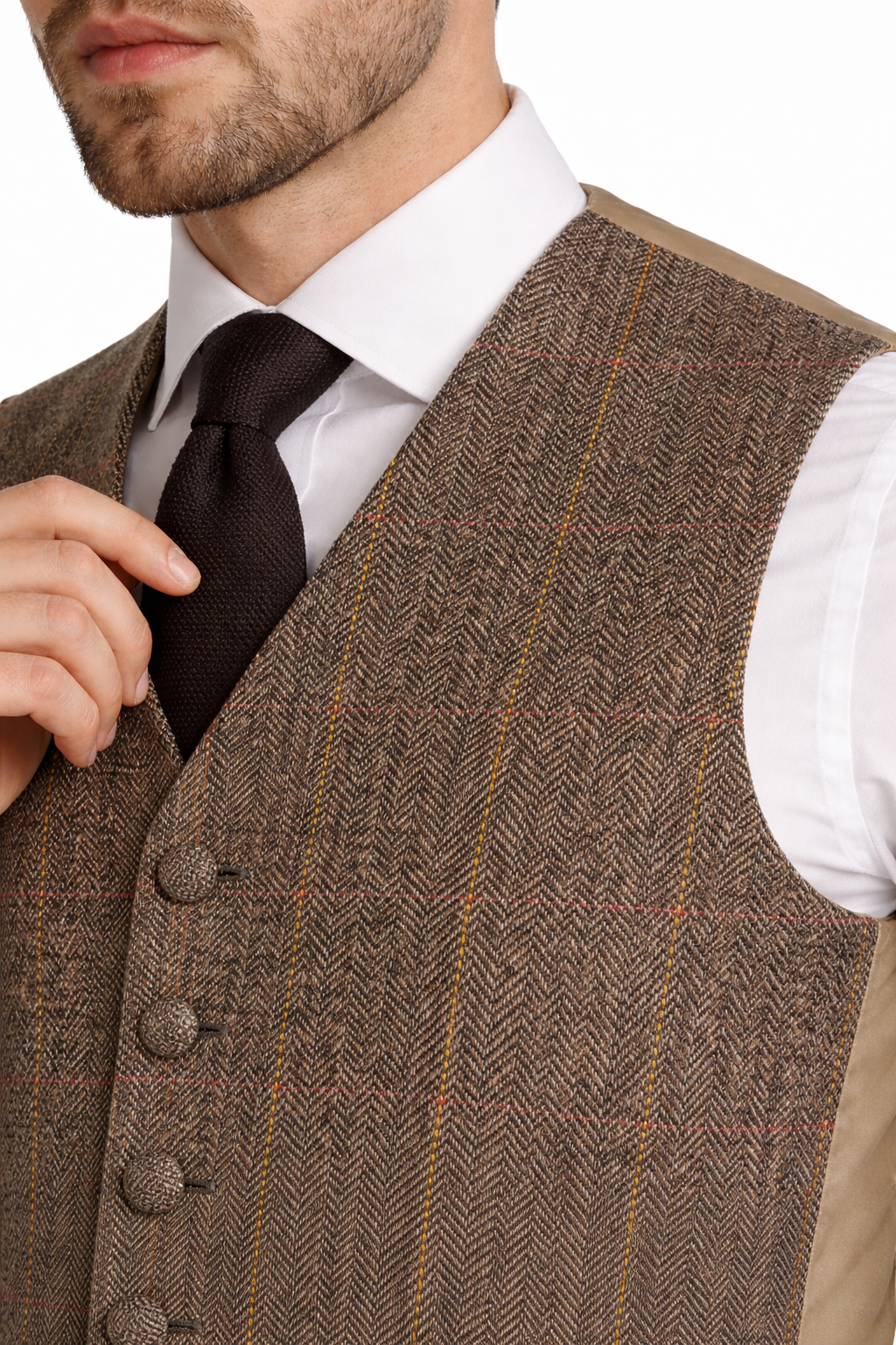 Brown Herringbone Tweed Check Waistcoat | "Anthony" Wool Vest