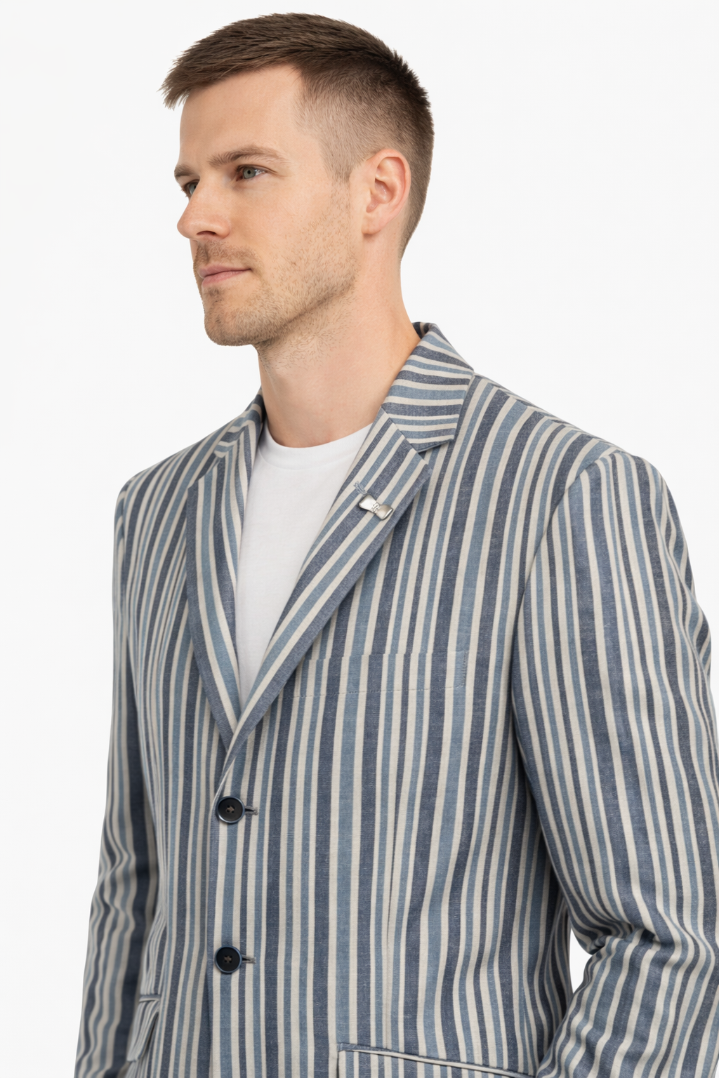 Light Blue 3 Button Striped Boating Jacket | Linen & Wool Blazer