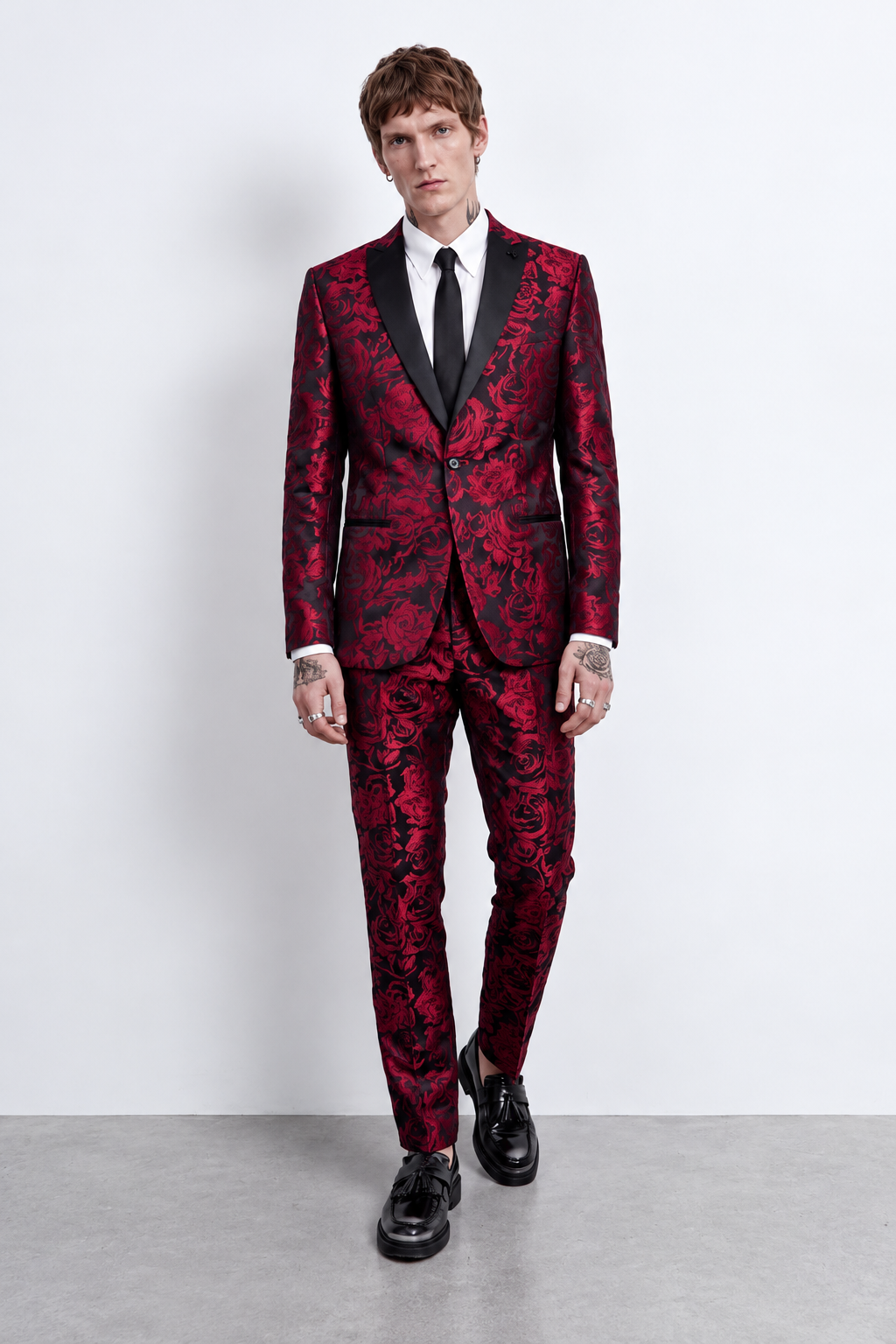 Red & Black Floral Jacquard Slim Fit 2 Piece Suit | Wedding & Prom | Twisted Tailor's "Ersat"