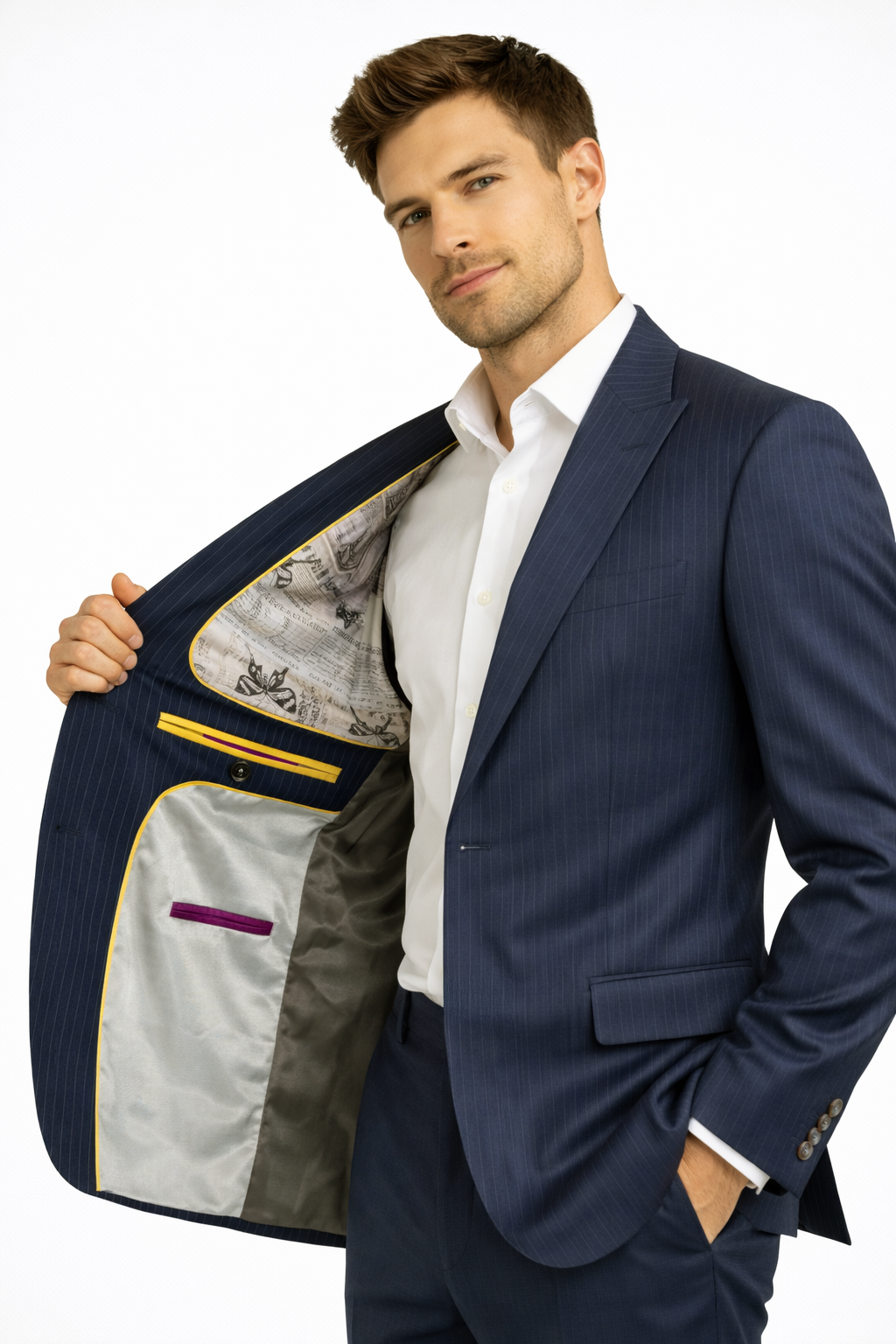 Navy Blue Pinstripe Suit Jacket | Wool Blend Peak Lapel Blazer