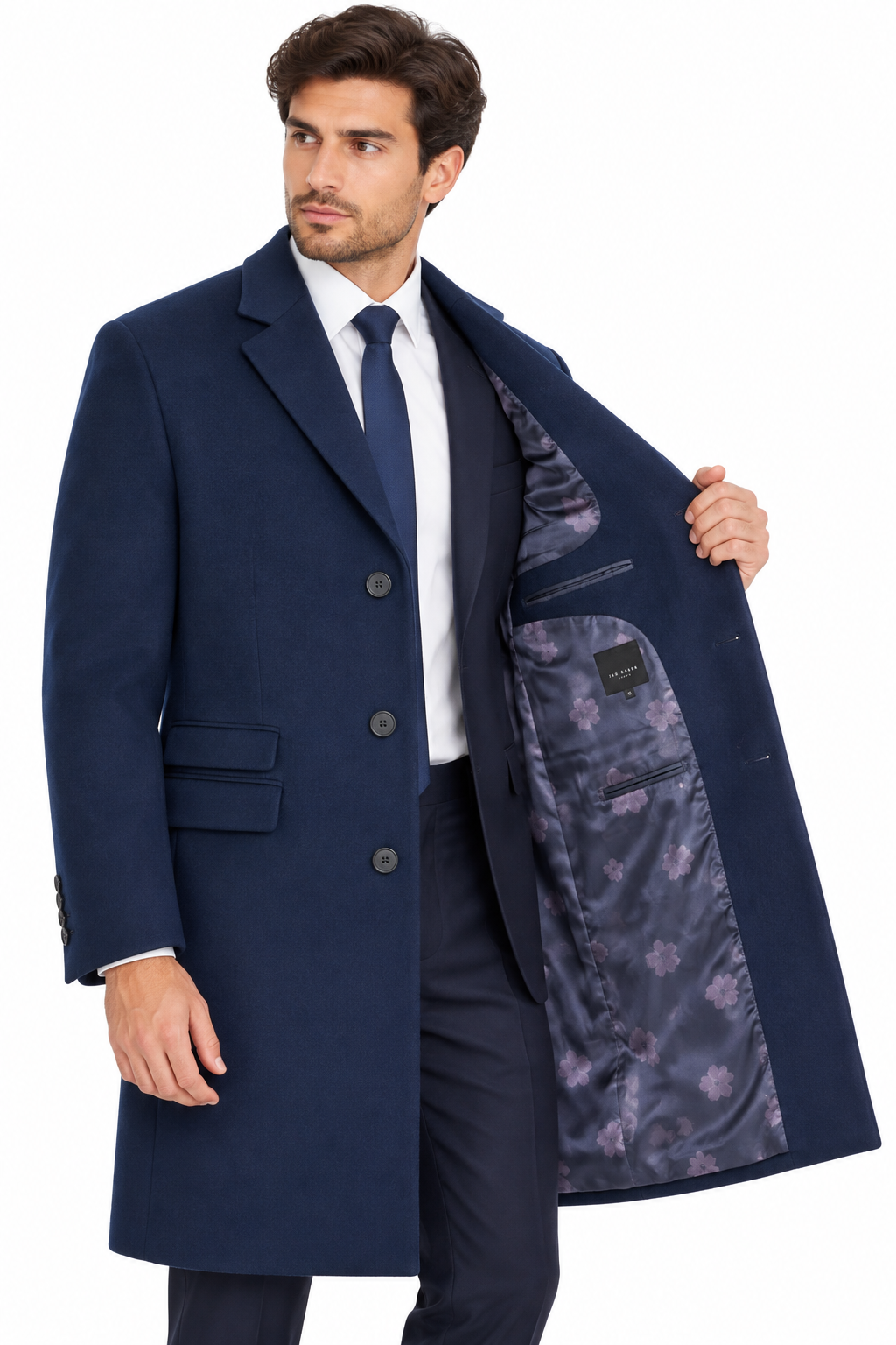 Ted Baker Navy Blue Wool Overcoat | Knee Length Long Winter Coat