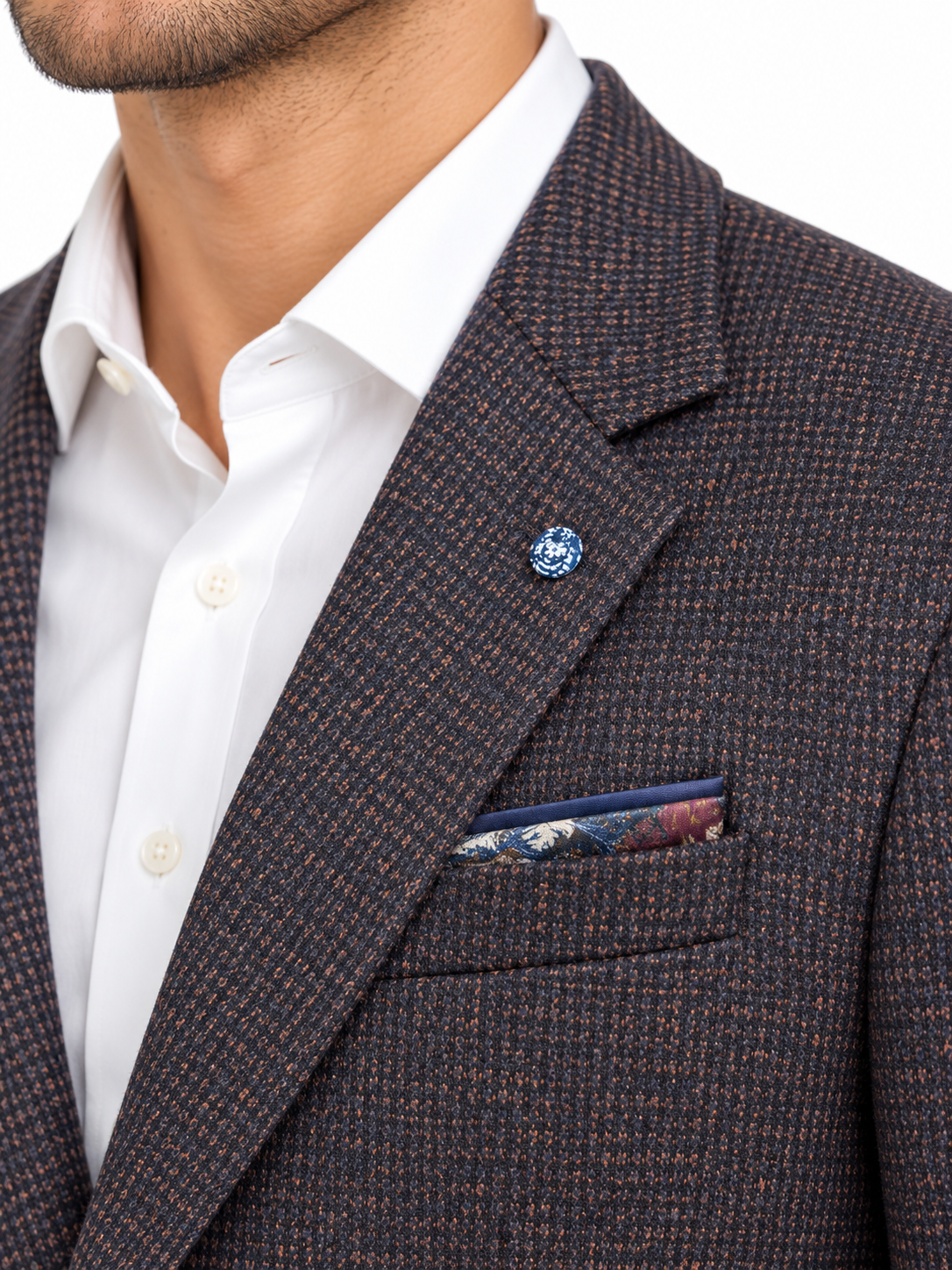 Navy Rust Textured Wool & Cotton Jacket | Tailored Fit Smart Blazer | Haley Tobacco