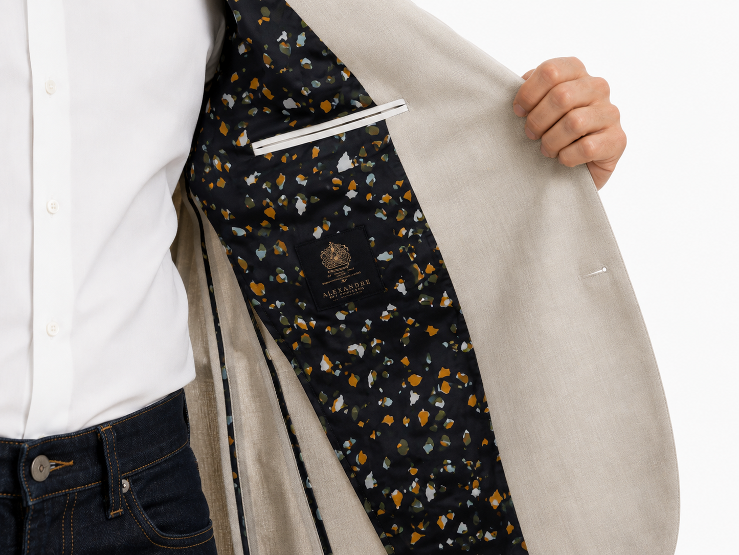 Alexandre Tailored Fit Stone Linen Jacket | Peak Lapel, Half Lined