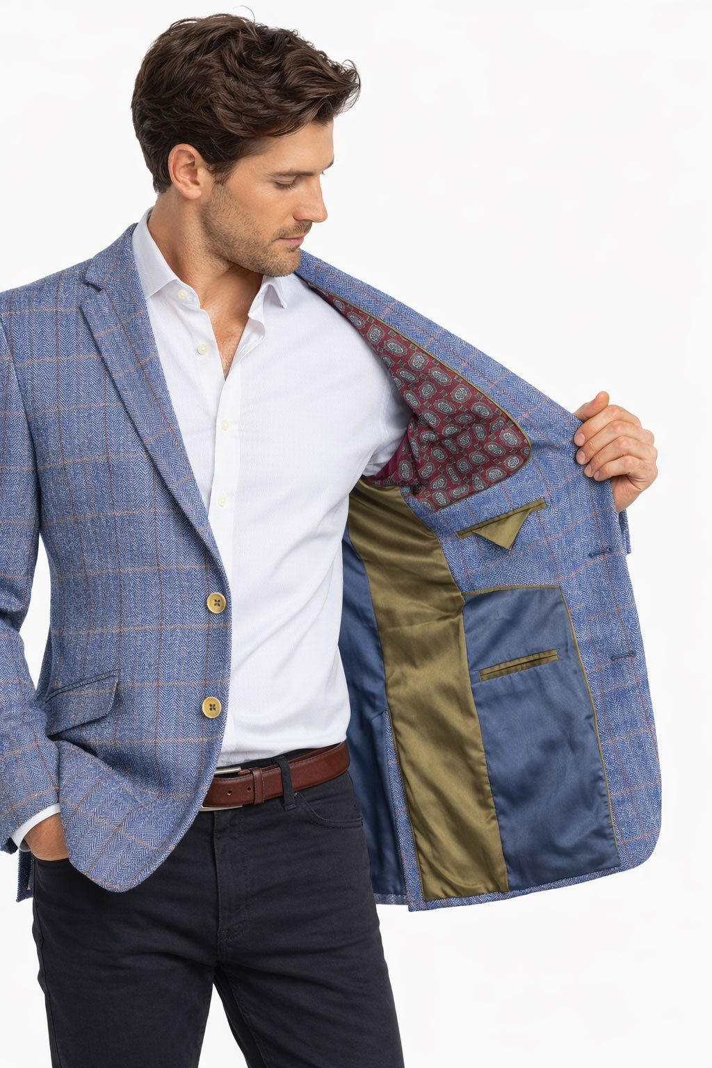Light Blue Herringbone Check Jacket | Wool Blend Blazer