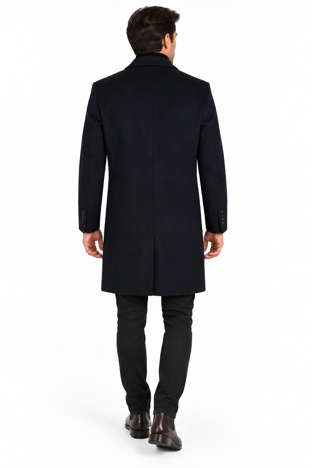 Men’s Navy Blue Wool Blend Overcoat | Knee Length Tailored Coat