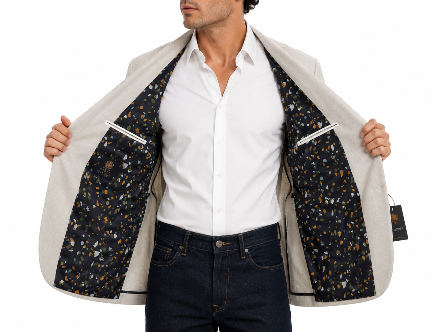 Alexandre Tailored Fit Stone Linen Jacket | Peak Lapel, Half Lined