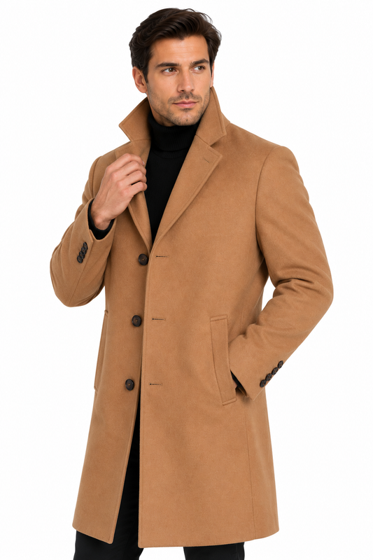Men’s Tan Camel Wool Blend Overcoat | Knee Length Tailored Coat