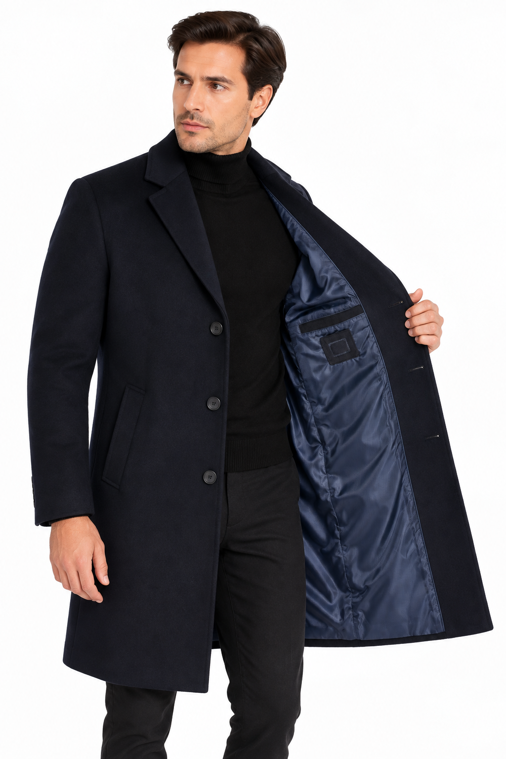 Men’s Navy Blue Wool Blend Overcoat | Knee Length Tailored Coat
