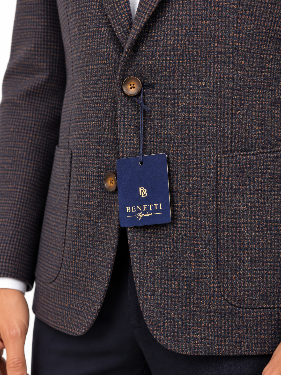 Navy Rust Textured Wool & Cotton Jacket | Tailored Fit Smart Blazer | Haley Tobacco